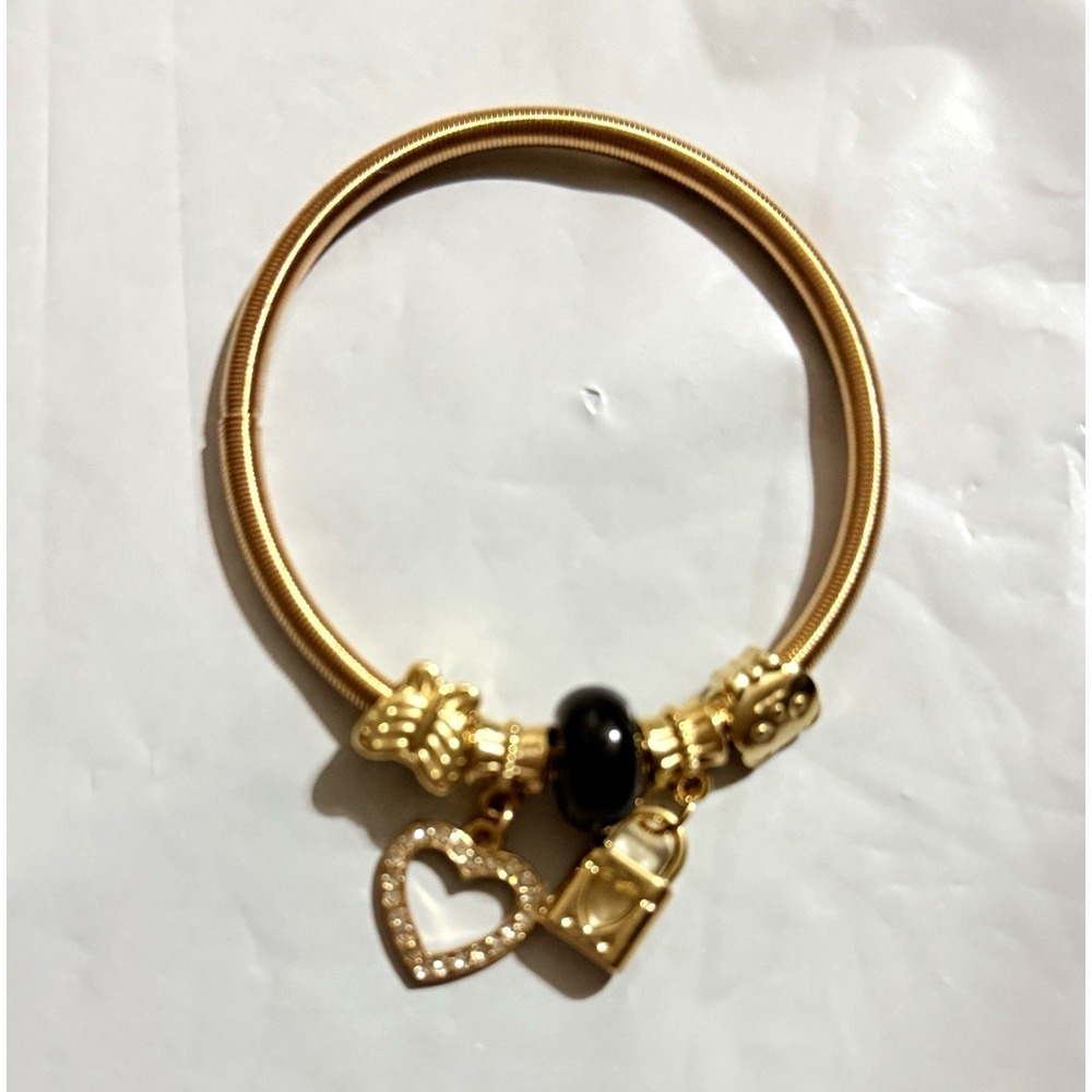 Gold Tone Charm Bangle Bracelet w/ Heart & Padlock Dangle Charms Black Bead